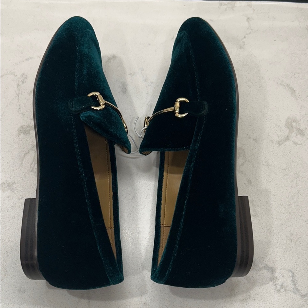 J. Crew Velvet Bit Green Elegant Holiday Loafers with Gold Accent 10 NWT - Picture 6 of 14